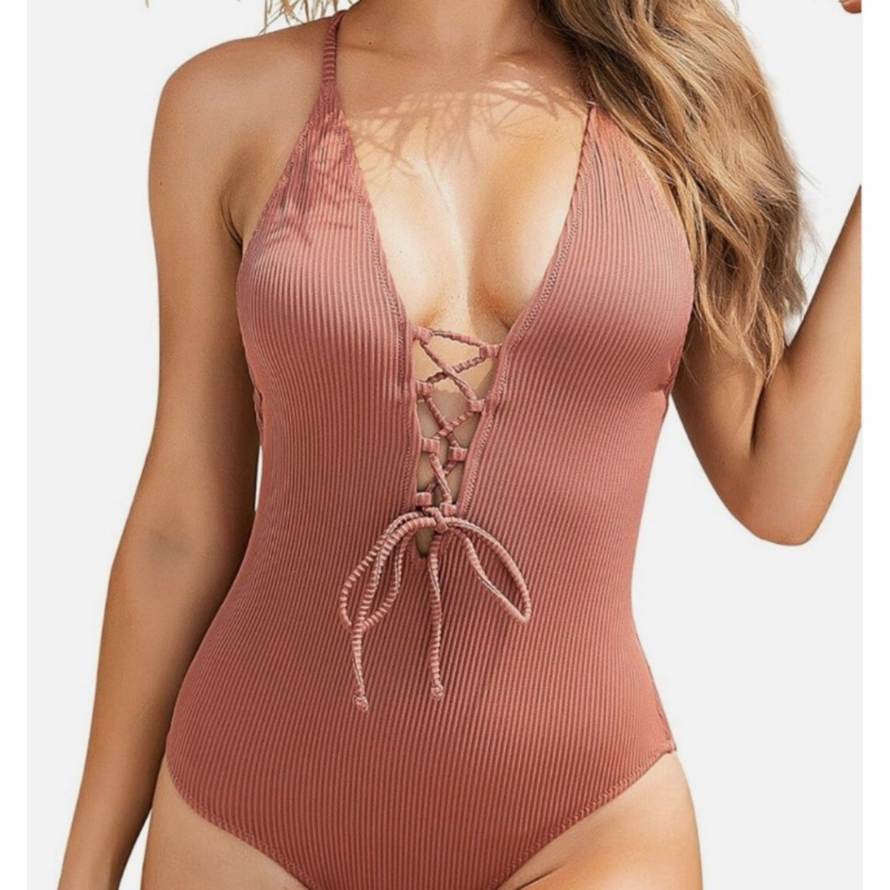 Women's One Piece Swimsuits Solid Color V Neck Lace Up Open Back Bathing Suit- M